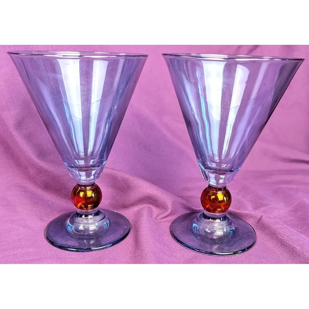 2 Vintage Italian Si-An Wine Cocktail Martini Glass - Blue/Amber Ball Stem 6